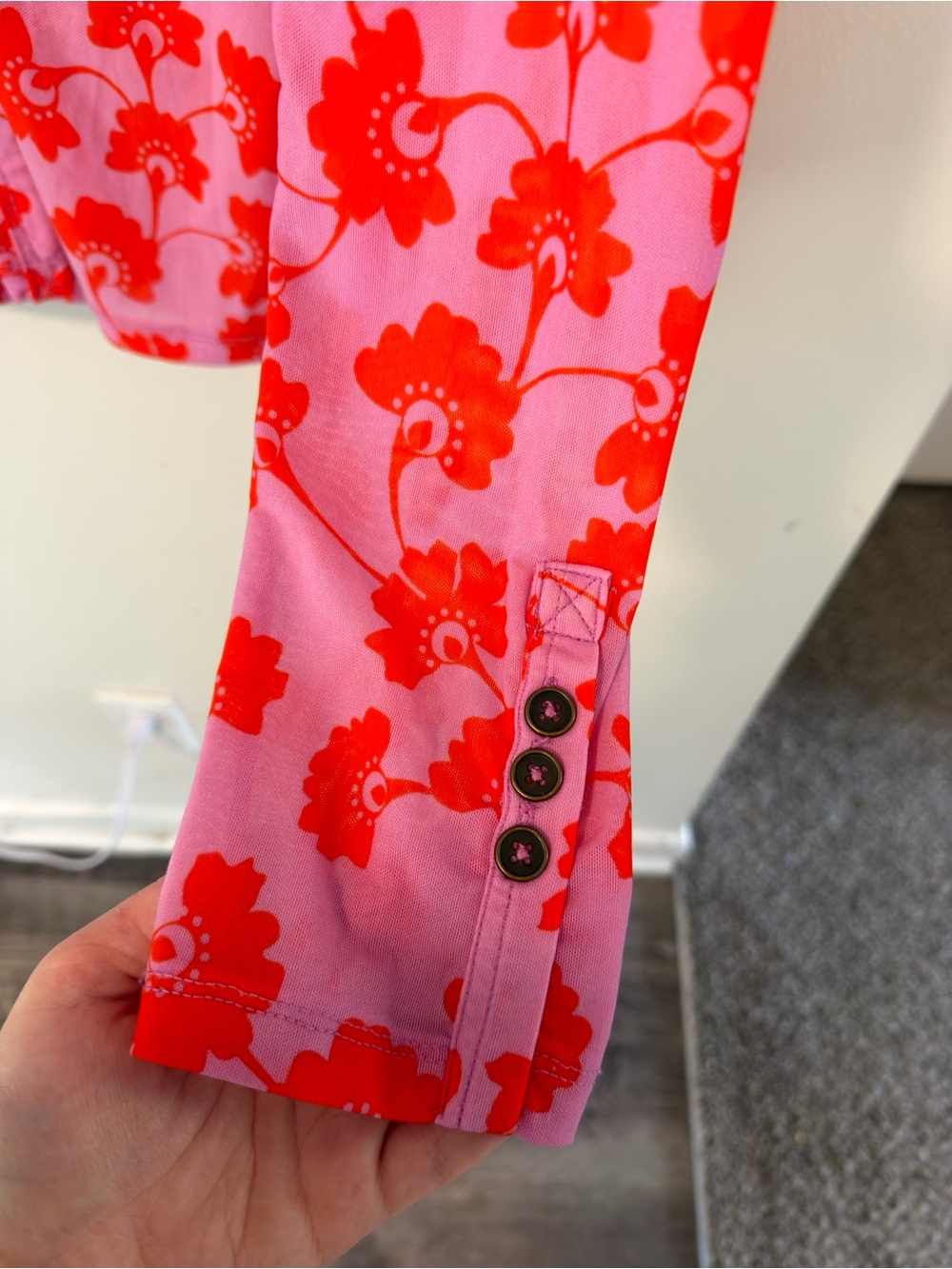 Free People Floral Mesh Ruched Button Down Top Size S Pink Red - Picture 4 of 7